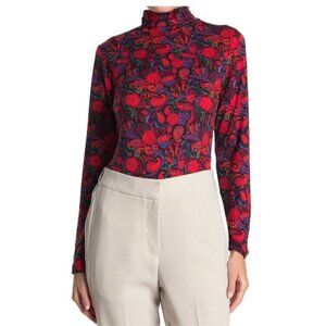 By Design Womens Red Floral Print Turtleneck Long Sleeve Jersey Top Sz M New
